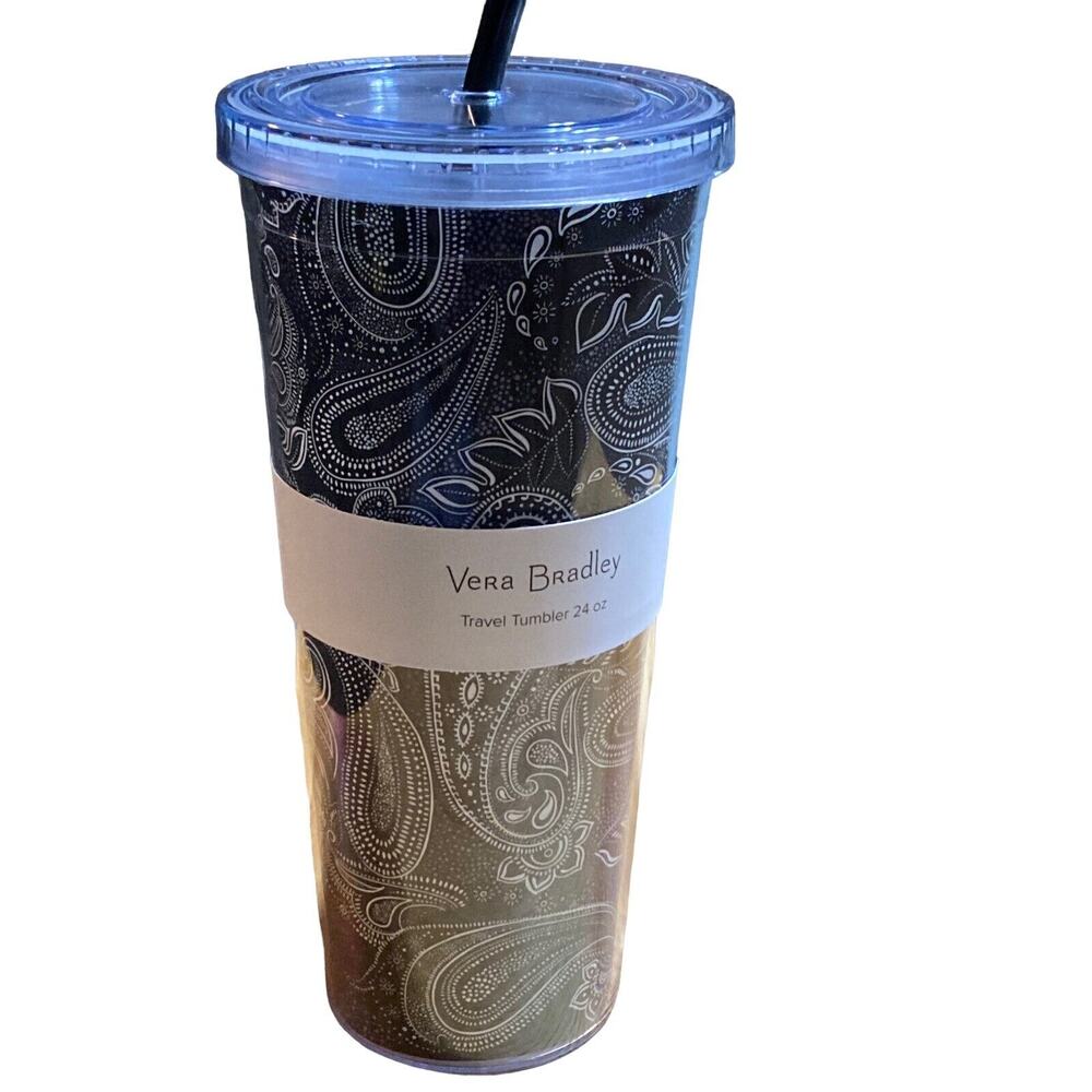 Vera Bradley STELLAR PAISLEY Travel Tumbler Cup w/ Lid & Straw 24 Oz Black White